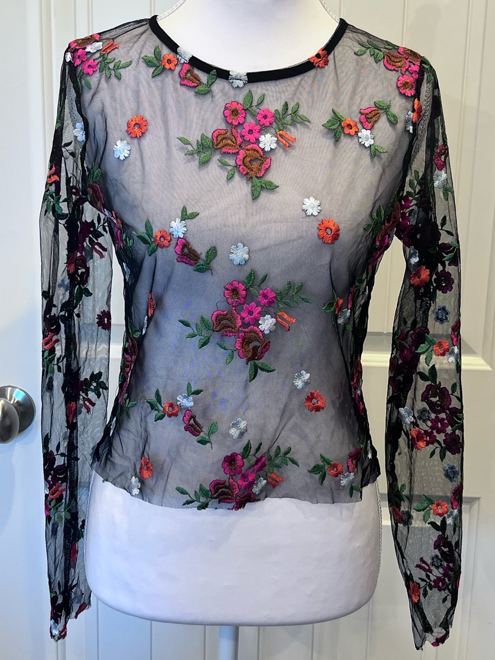 Kimchi Blue Embroidered Floral Sheer Long Sleeve Top Raw Edges Small